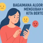 Ilustrasi perempuan melihat ponsel dengan berbagai emoji tersambung di sekelilingnya, menggambarkan bagaimana algoritma memengaruhi hubungan dan pertemanan di media sosial.