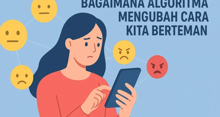 Ilustrasi perempuan melihat ponsel dengan berbagai emoji tersambung di sekelilingnya, menggambarkan bagaimana algoritma memengaruhi hubungan dan pertemanan di media sosial.