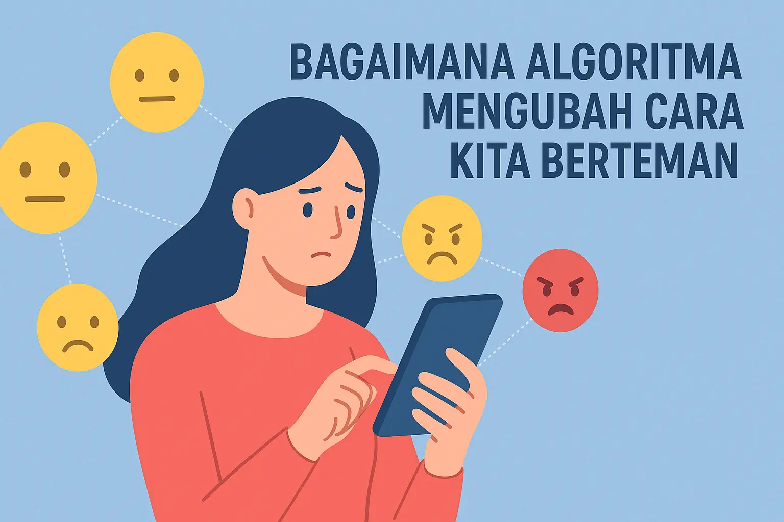 Ilustrasi perempuan melihat ponsel dengan berbagai emoji tersambung di sekelilingnya, menggambarkan bagaimana algoritma memengaruhi hubungan dan pertemanan di media sosial.