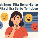 Ilustrasi seorang perempuan yang dikelilingi berbagai emotikon, menggambarkan emosi yang dipengaruhi interaksi dan algoritma di era digital