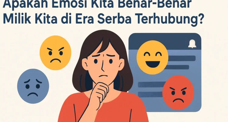 Ilustrasi seorang perempuan yang dikelilingi berbagai emotikon, menggambarkan emosi yang dipengaruhi interaksi dan algoritma di era digital