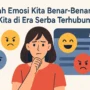 Ilustrasi seorang perempuan yang dikelilingi berbagai emotikon, menggambarkan emosi yang dipengaruhi interaksi dan algoritma di era digital