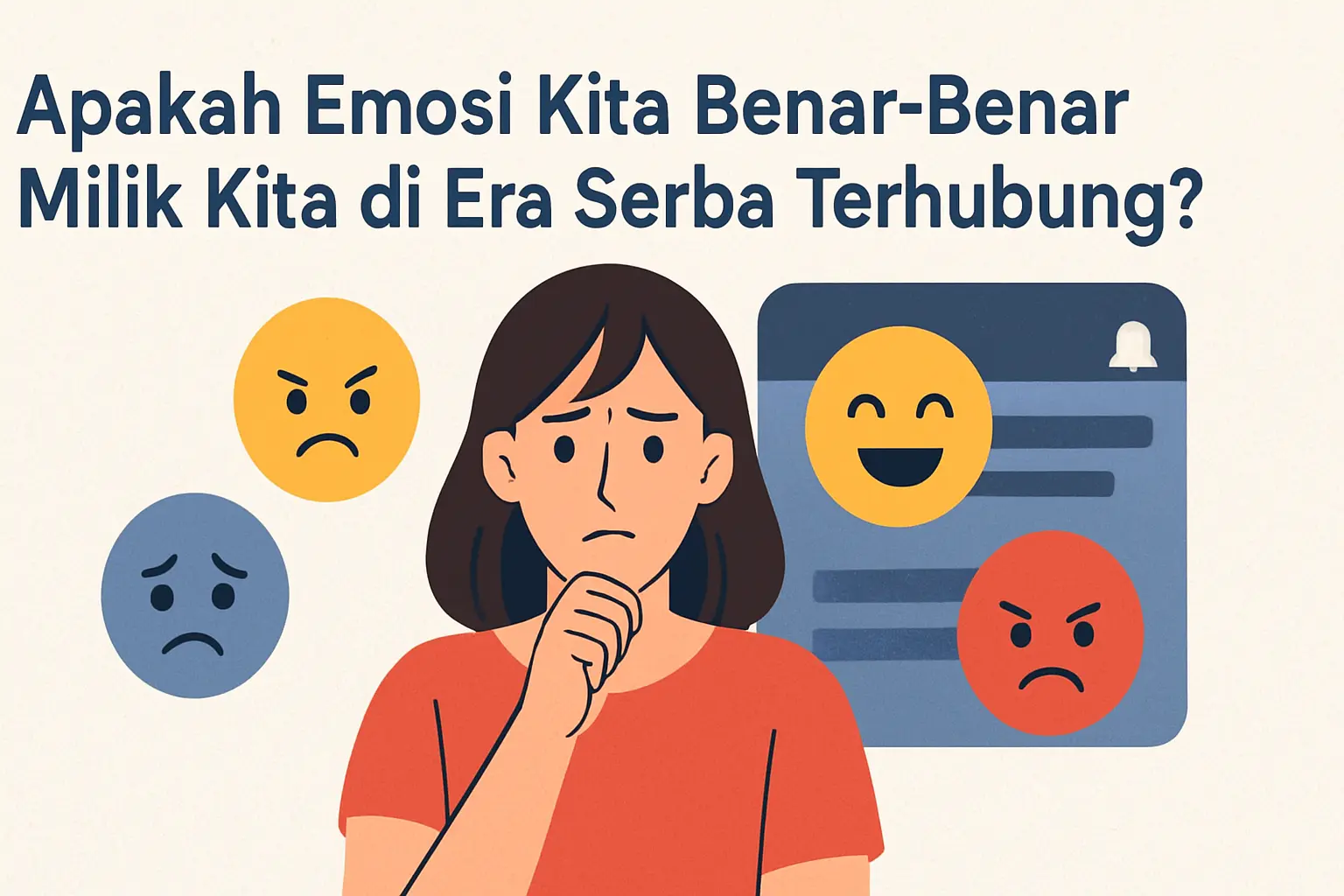 Ilustrasi seorang perempuan yang dikelilingi berbagai emotikon, menggambarkan emosi yang dipengaruhi interaksi dan algoritma di era digital